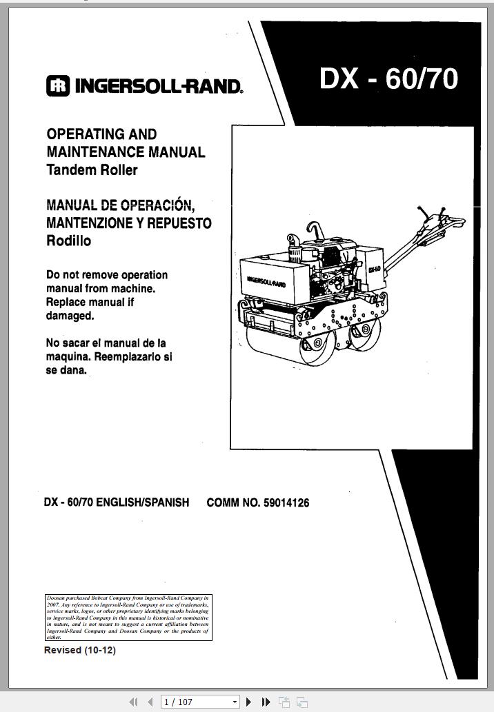 Ingersoll Rand Light Compaction DX 70 Operating Maintenance Manual 2012