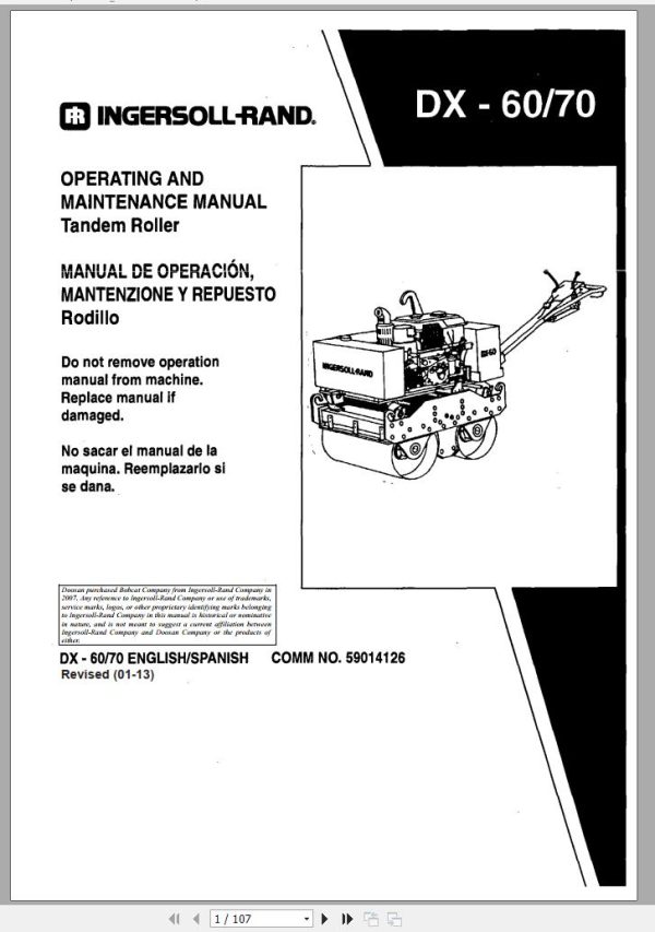 Ingersoll Rand Light Compaction DX 70 Parts Manual Operating and Maintenance Manual 2013