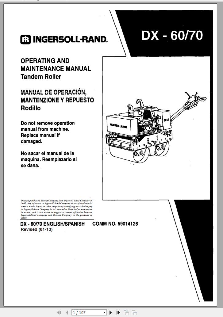 Ingersoll Rand Light Compaction DX 70 Parts Manual Operating and Maintenance Manual 2013