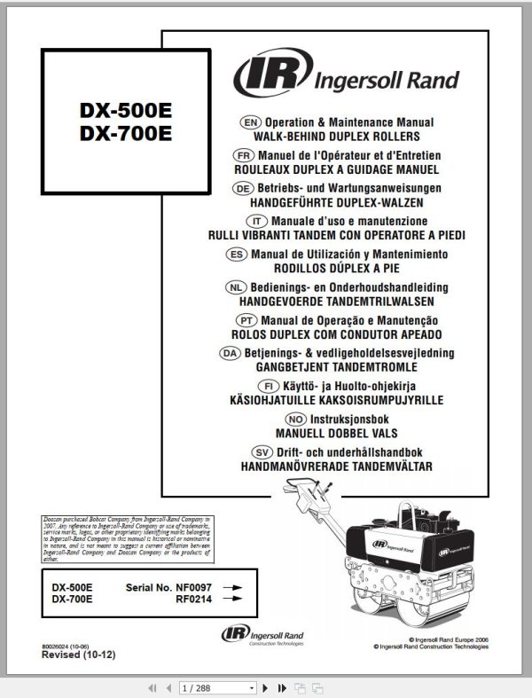 Ingersoll Rand Light Compaction DX 700E Operating Maintenance Manual 2012