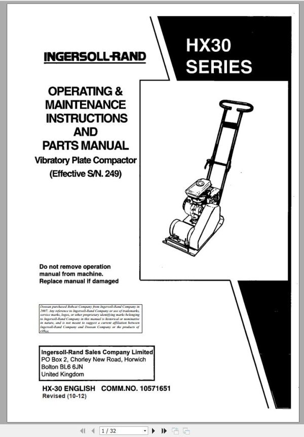 Ingersoll Rand Light Compaction HX30 Parts Manual Operating and Maintenance Manual 2012