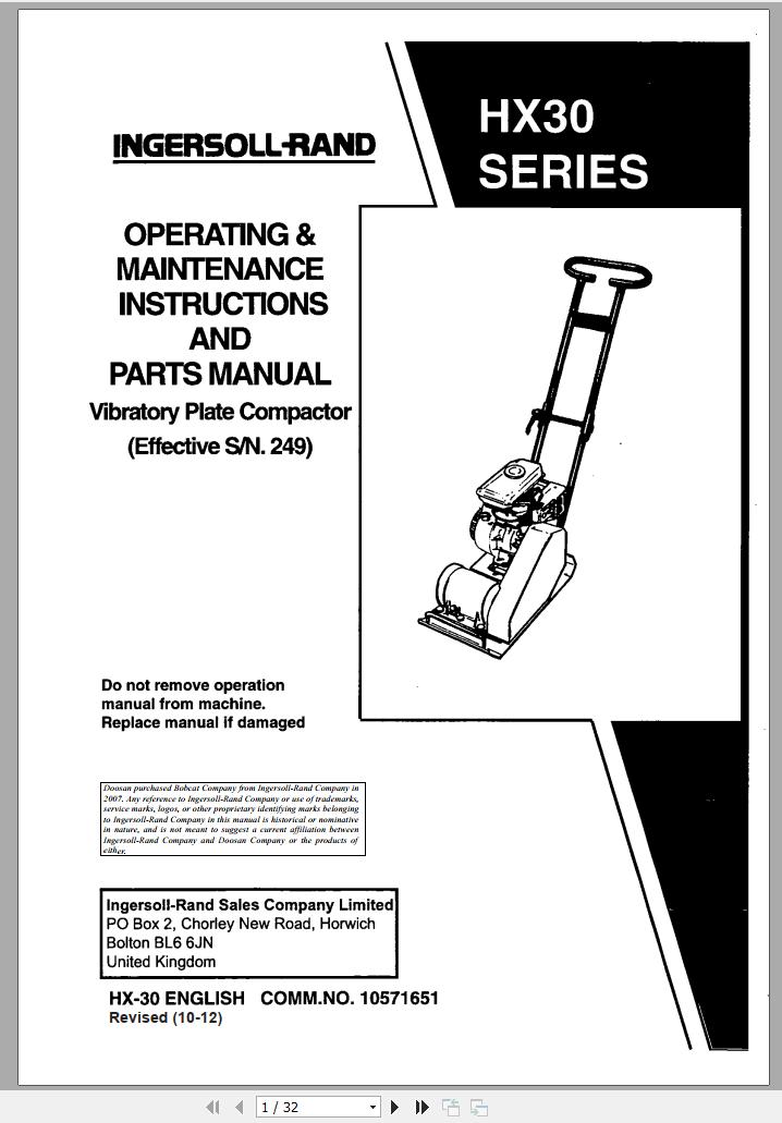 Ingersoll Rand Light Compaction HX30 Parts Manual Operating and Maintenance Manual 2012