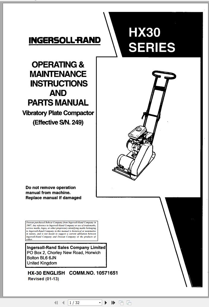 Ingersoll Rand Light Compaction HX30 Parts Manual Operating and Maintenance Manual 2013