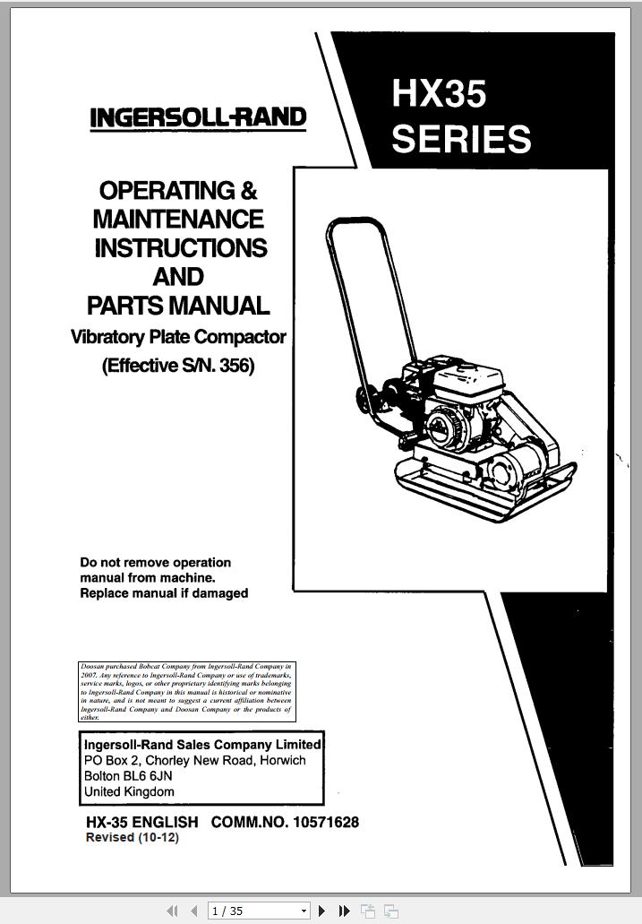 Ingersoll Rand Light Compaction HX35 Parts Manual Operating and Maintenance Manual 2012