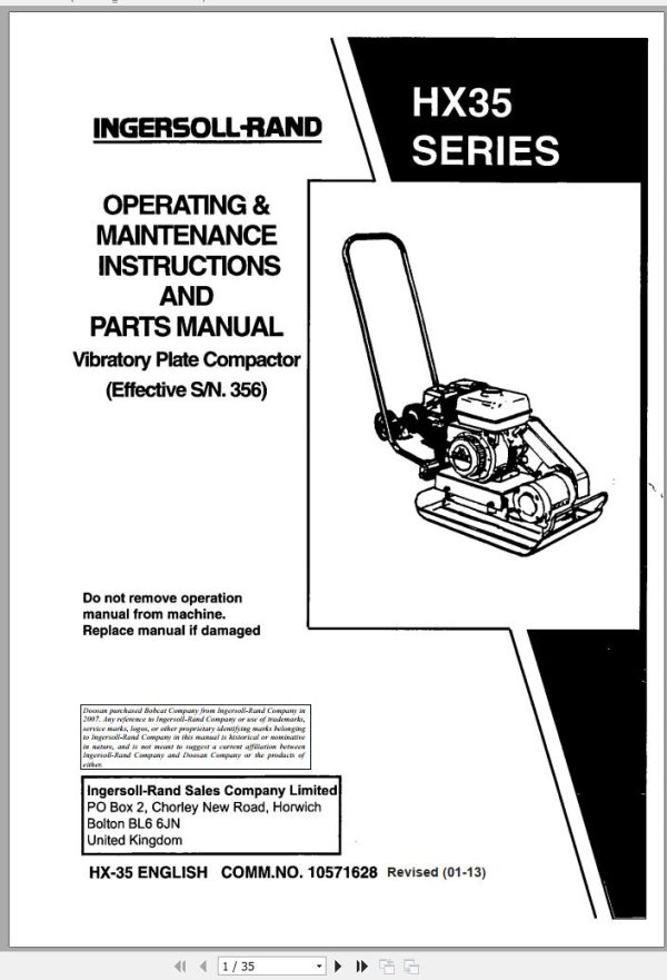 Ingersoll Rand Light Compaction HX35 Parts Manual Operating and Maintenance Manual 2013