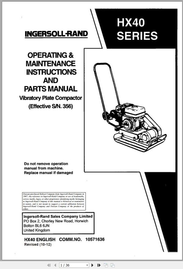 Ingersoll Rand Light Compaction HX40 Parts Manual Operating and Maintenance Manual 2012
