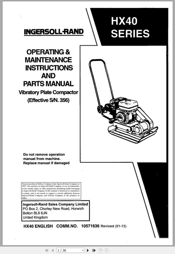 Ingersoll Rand Light Compaction HX40 Parts Manual Operating and Maintenance Manual 2013