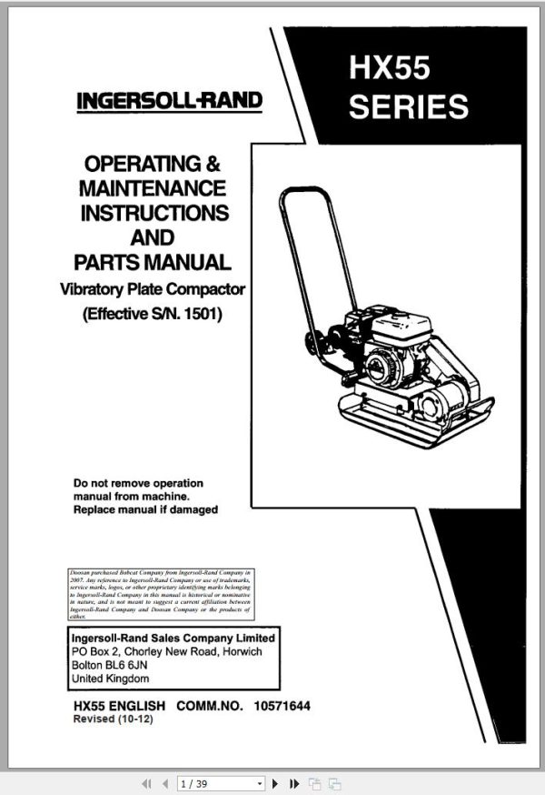 Ingersoll Rand Light Compaction HX55 Parts Manual Operating and Maintenance Manual 2012