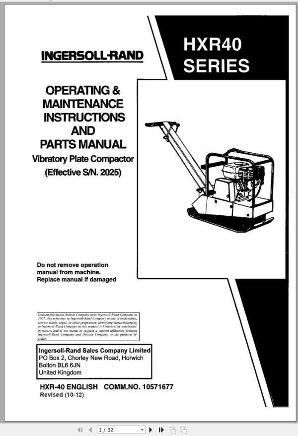 Ingersoll Rand Light Compaction HXR40 Parts Manual Operating and Maintenance Manual 2012