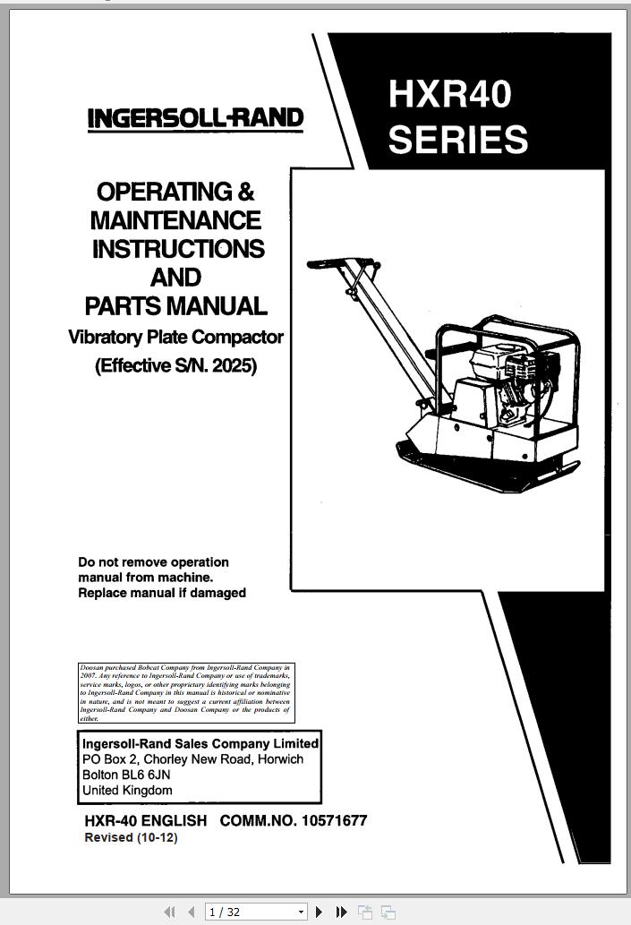 Ingersoll Rand Light Compaction HXR40 Parts Manual Operating and Maintenance Manual 2012