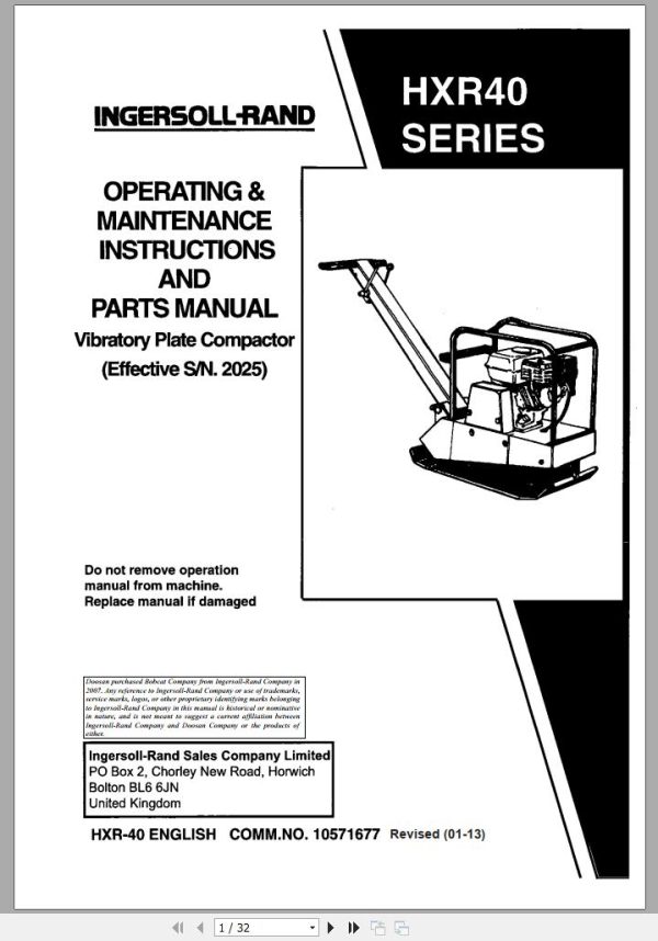 Ingersoll Rand Light Compaction HXR40 Parts Manual Operating and Maintenance Manual 2013