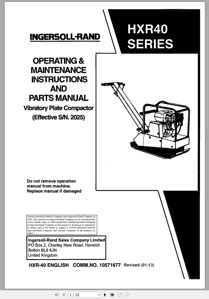 Ingersoll Rand Light Compaction HXR40 Parts Manual Operating and Maintenance Manual 2013