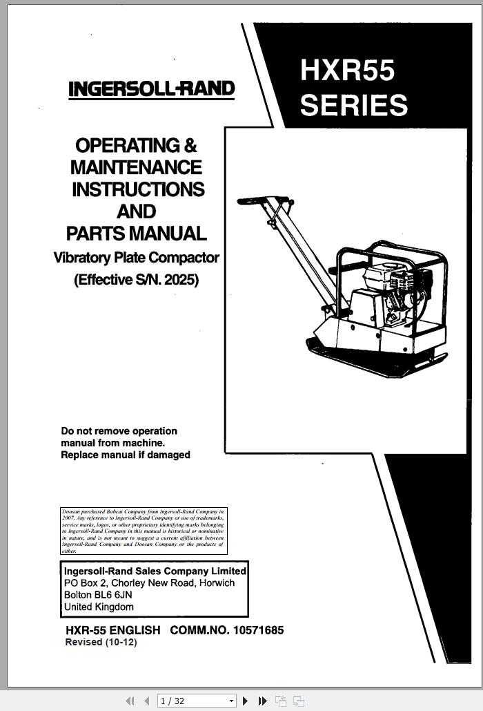 Ingersoll Rand Light Compaction HXR55 Parts Manual Operating and Maintenance Manual 2012
