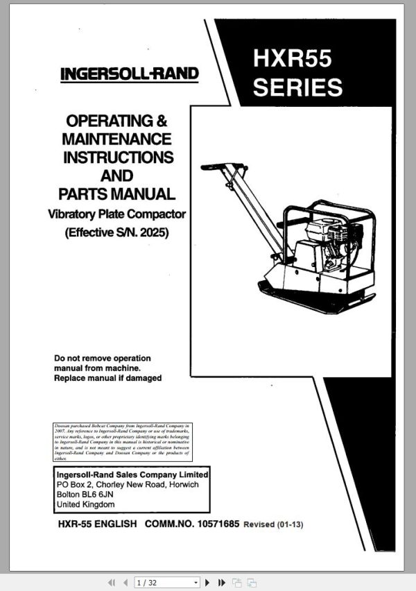 Ingersoll Rand Light Compaction HXR55 Parts Manual Operating and Maintenance Manual 2013