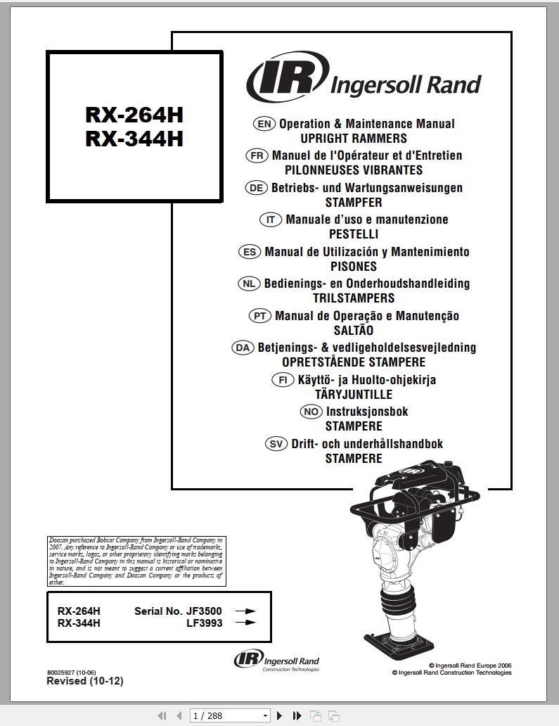 Ingersoll Rand Light Compaction RX 264H Operating Maintenance Manual 2012