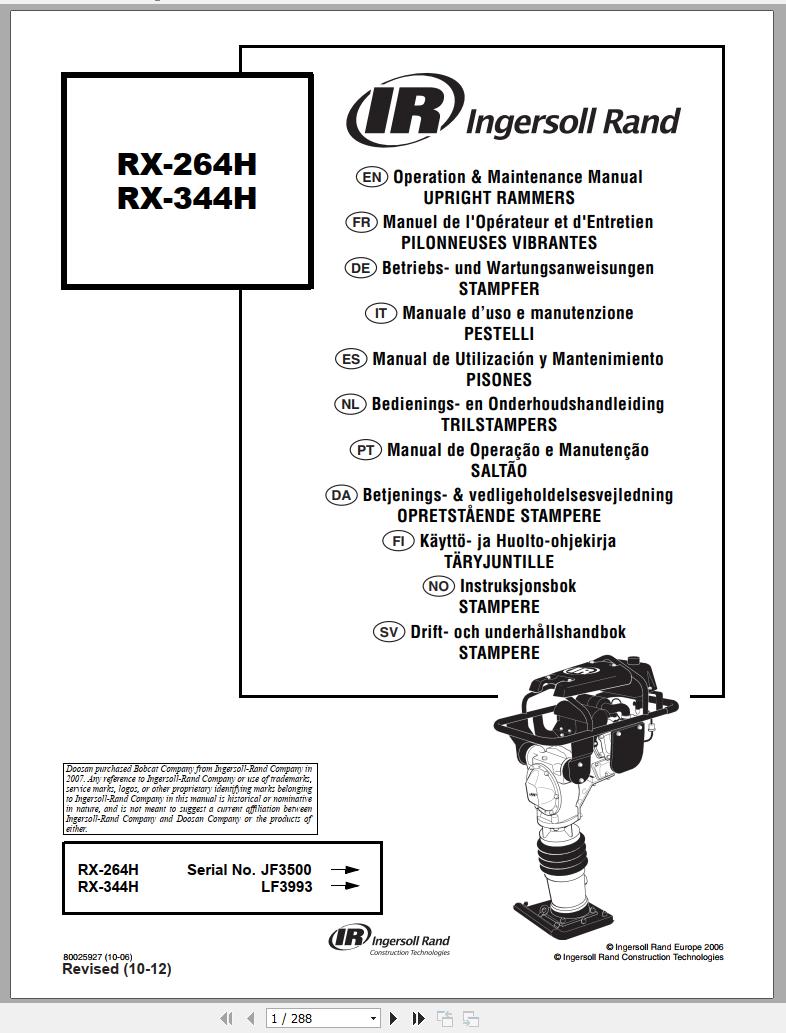Ingersoll Rand Light Compaction RX 344H Operating Maintenance Manual 2012