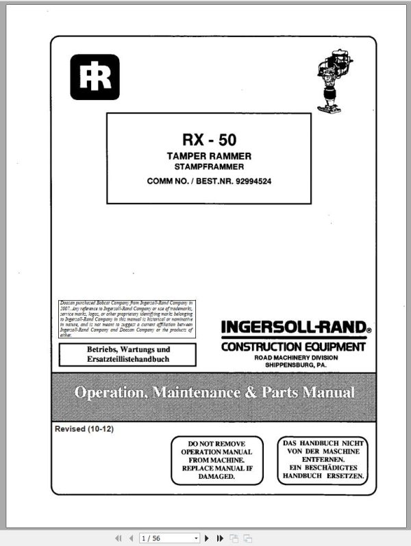 Ingersoll Rand Light Compaction RX 50 Parts Manual Operating and Maintenance Manual 2012