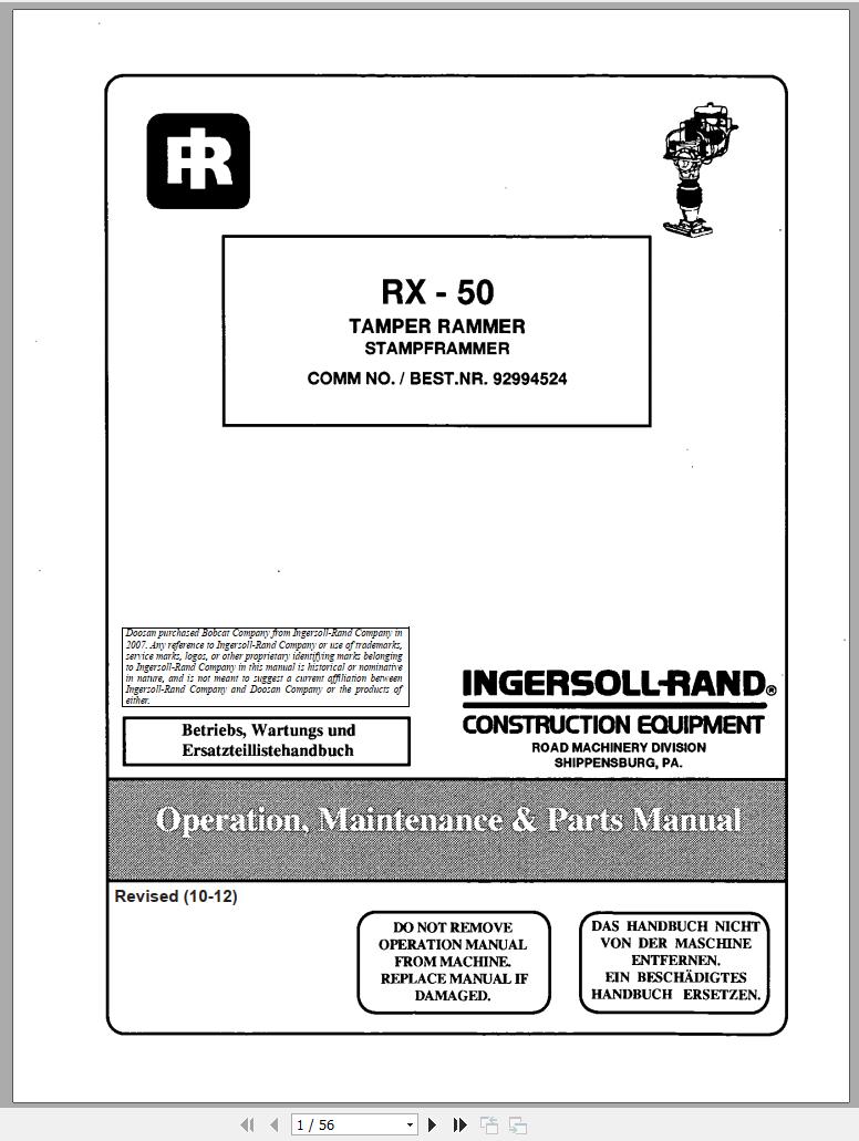 Ingersoll Rand Light Compaction RX 50 Parts Manual Operating and Maintenance Manual 2012
