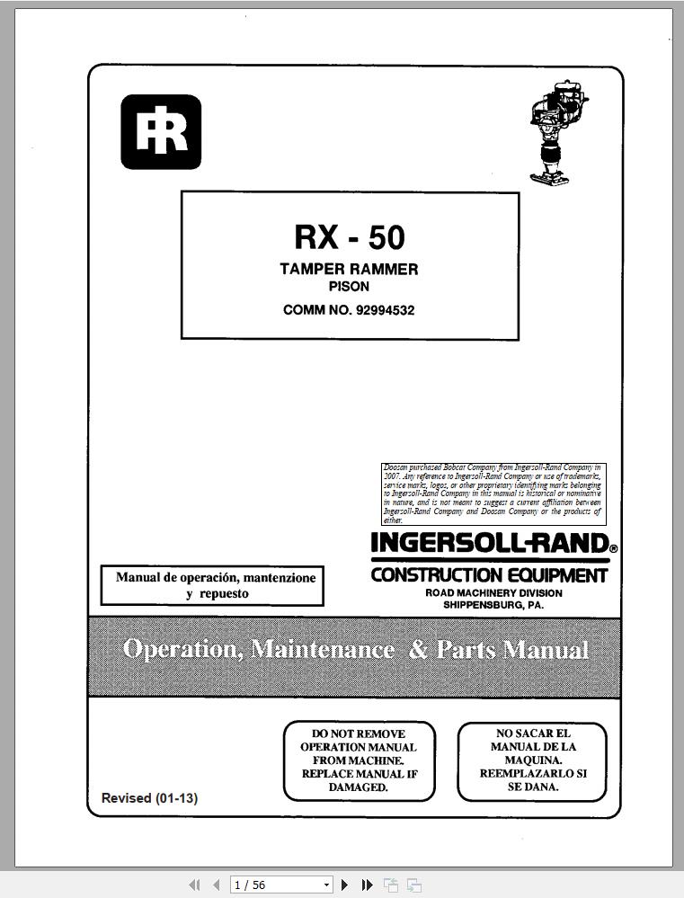 Ingersoll Rand Light Compaction RX 50 Parts Manual Operating and Maintenance Manual 2013