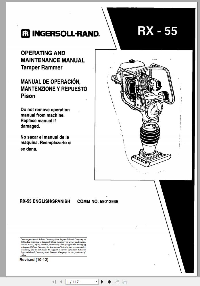 Ingersoll Rand Light Compaction RX 55 Parts Manual Operating and Maintenance Manual 2012