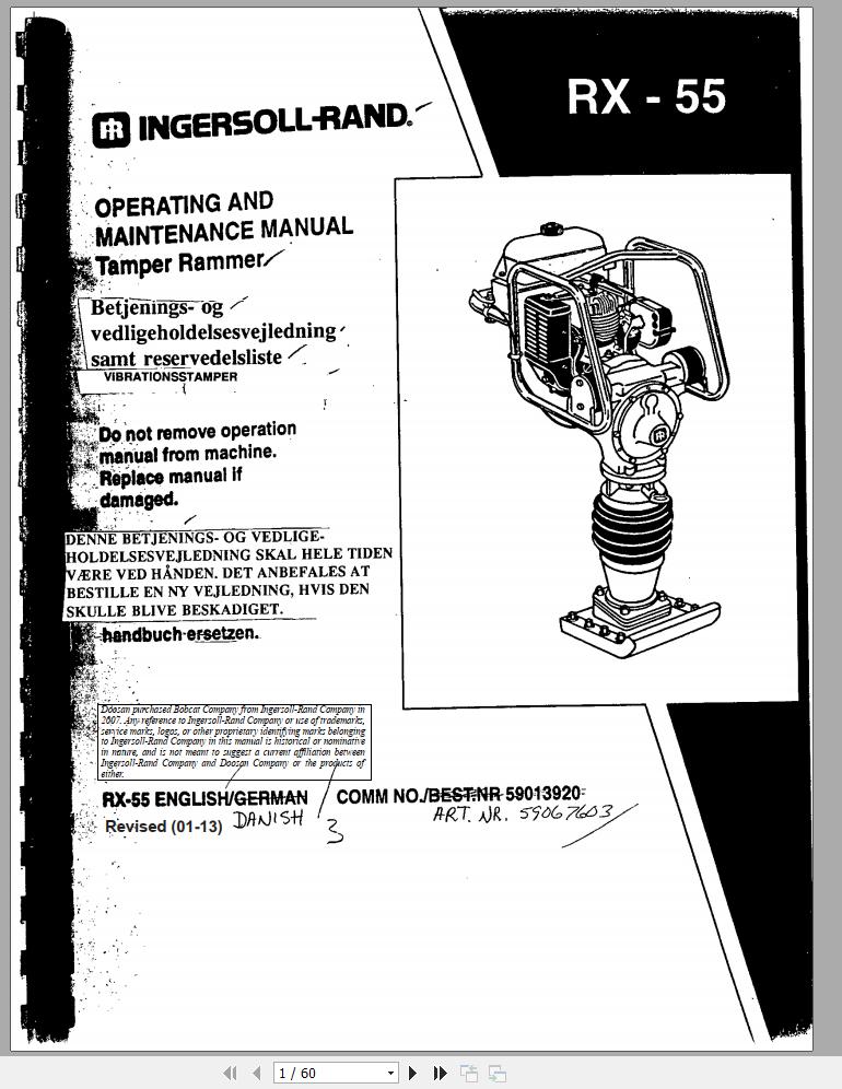 Ingersoll Rand Light Compaction RX 55 Parts Manual Operating and Maintenance Manual 2013