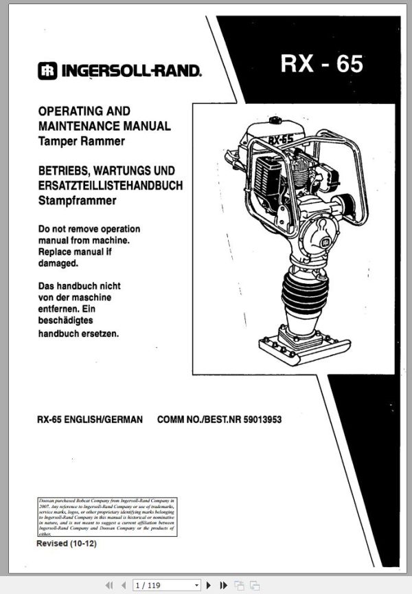 Ingersoll Rand Light Compaction RX 65 Parts Manual Operating and Maintenance Manual 2012