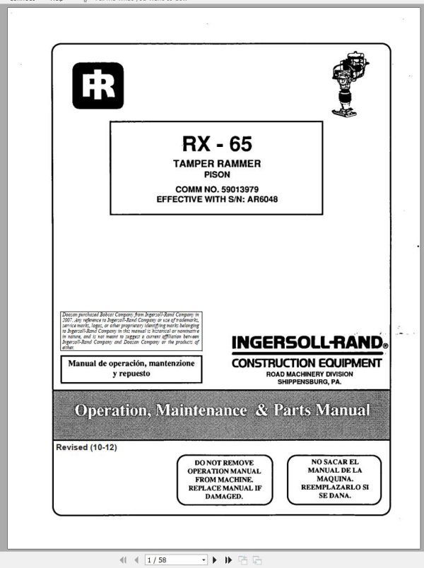 Ingersoll Rand Light Compaction RX 65 Parts Manual Operating and Maintenance Manual 2012 1