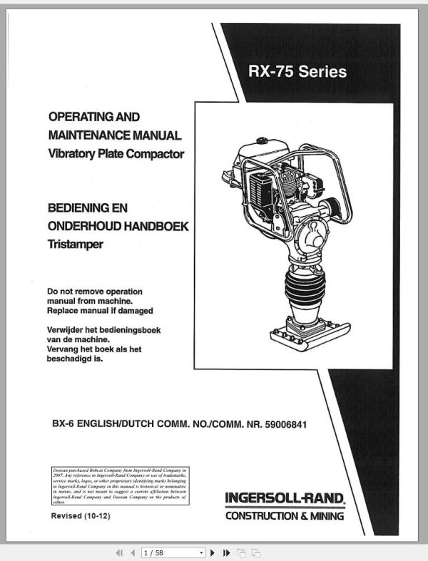 Ingersoll Rand Light Compaction RX 75 Parts Manual Operating and Maintenance Manual 2012