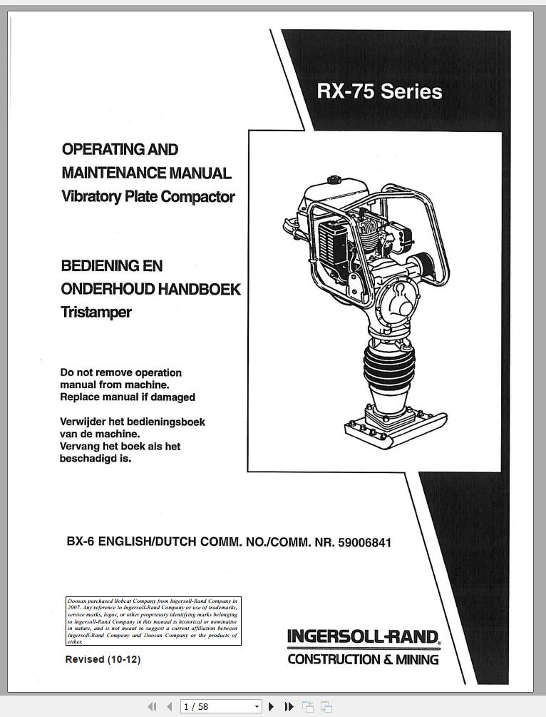 Ingersoll Rand Light Compaction RX 75 Parts Manual Operating and Maintenance Manual 2012