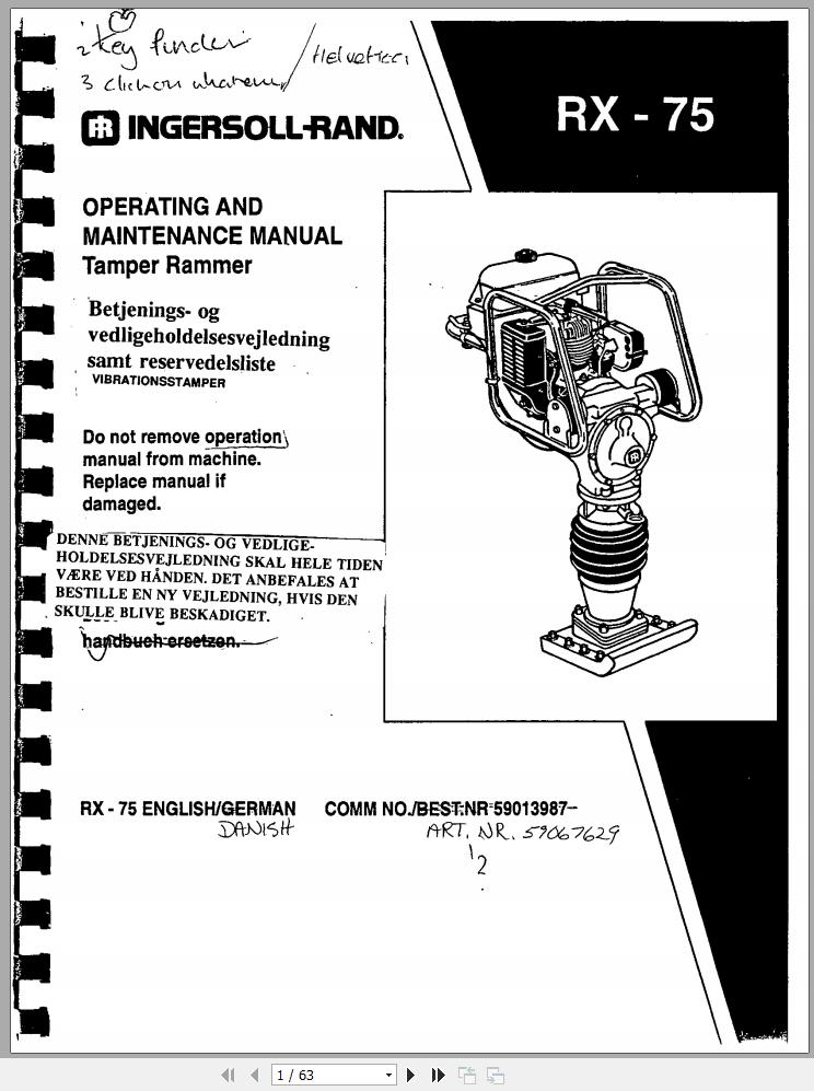 Ingersoll Rand Light Compaction RX 75 Parts Manual Operating and Maintenance Manual 2013