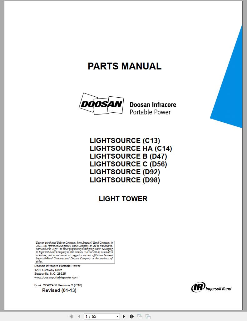 Ingersoll Rand Light Tower C13 Parts Manual 2013