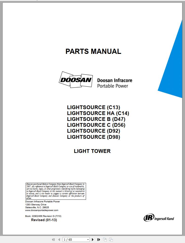 Ingersoll Rand Light Tower C14 Parts Manual 2013