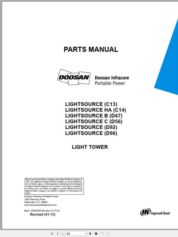Ingersoll Rand Light Tower D56 Parts Manual 2013