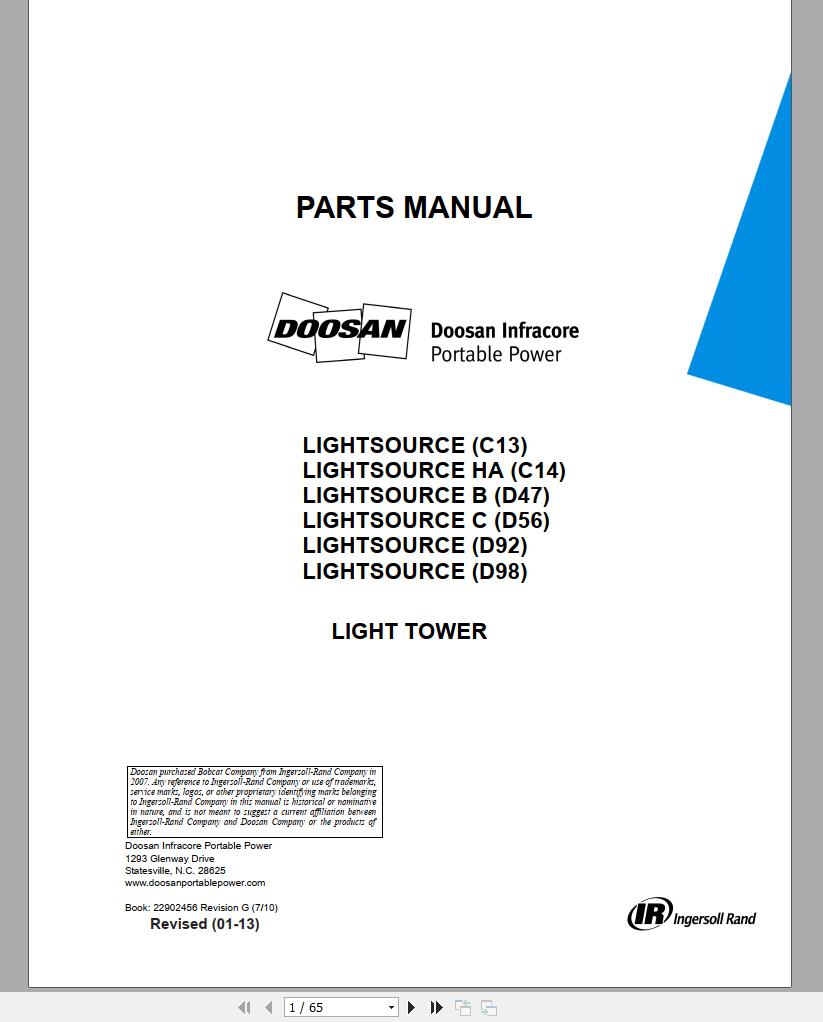 Ingersoll Rand Light Tower D92 Parts Manual 2013