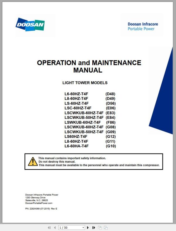 Ingersoll Rand Light Tower L6 Operation and Maintenance Manual 2015