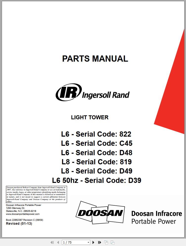 Ingersoll Rand Light Tower L8 Parts Manual 2015