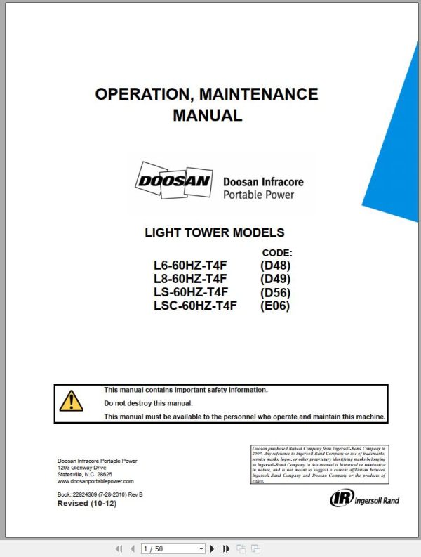 Ingersoll Rand Light Tower LS Operation and Maintenance Manual 2015