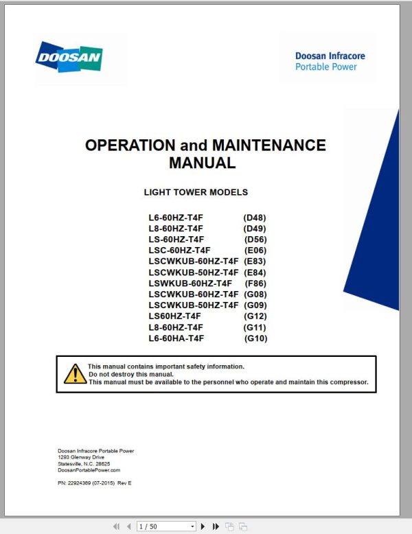 Ingersoll Rand Light Tower LS Operation and Maintenance Manual 2015 1