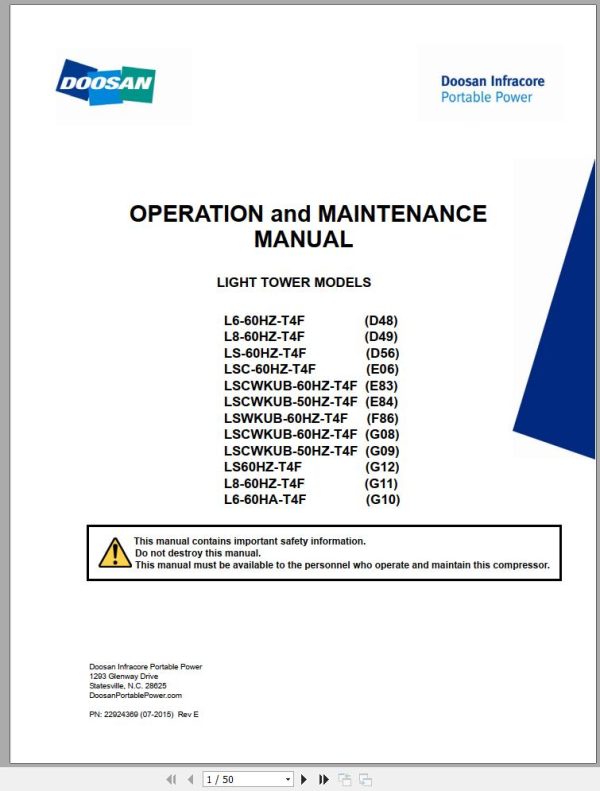 Ingersoll Rand Light Tower LT6K Operation and Maintenance Manual 2015
