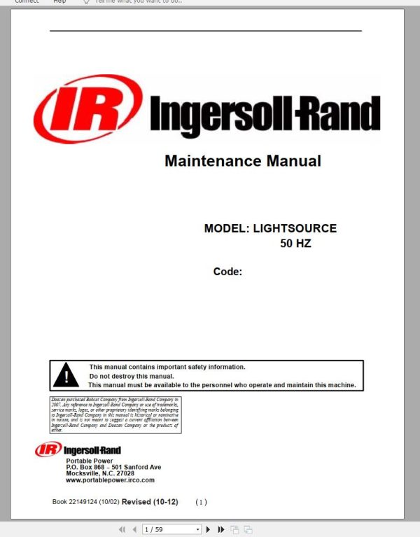 Ingersoll Rand Light Tower LT6K Operation and Maintenance Manual 2015 1