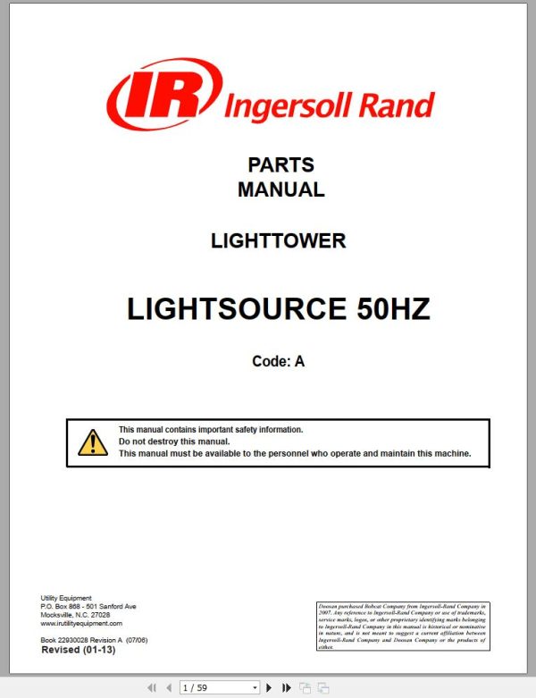 Ingersoll Rand Light Tower Lightsource 50 Hz Parts Manual Operation and Maintenance Manual 2013