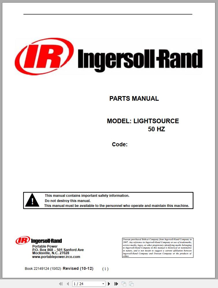 Ingersoll Rand Light Tower Lightsource Operation and Maintenance Manual 2012