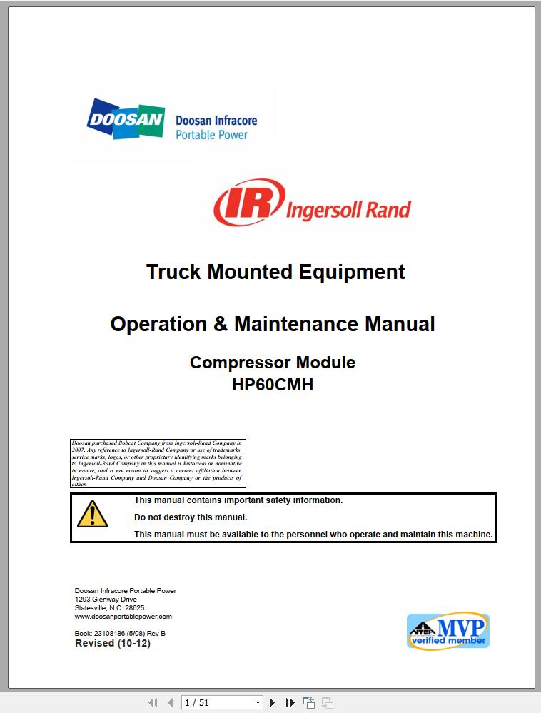Ingersoll Rand Onboard Power HP60CMH Operation Maintenance Manual 2012