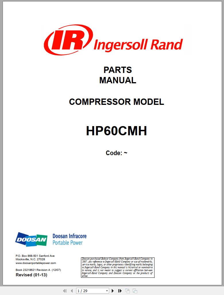 Ingersoll Rand Onboard Power HP60CMH Parts Manual 2013