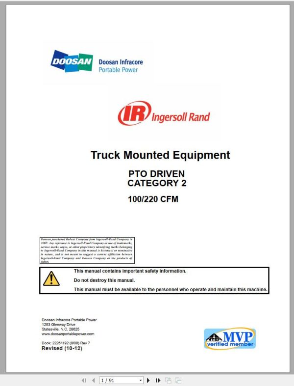 Ingersoll Rand Onboard Power PTO DRIVEN Parts Manual Operating and Maintenance Manual 2012 1