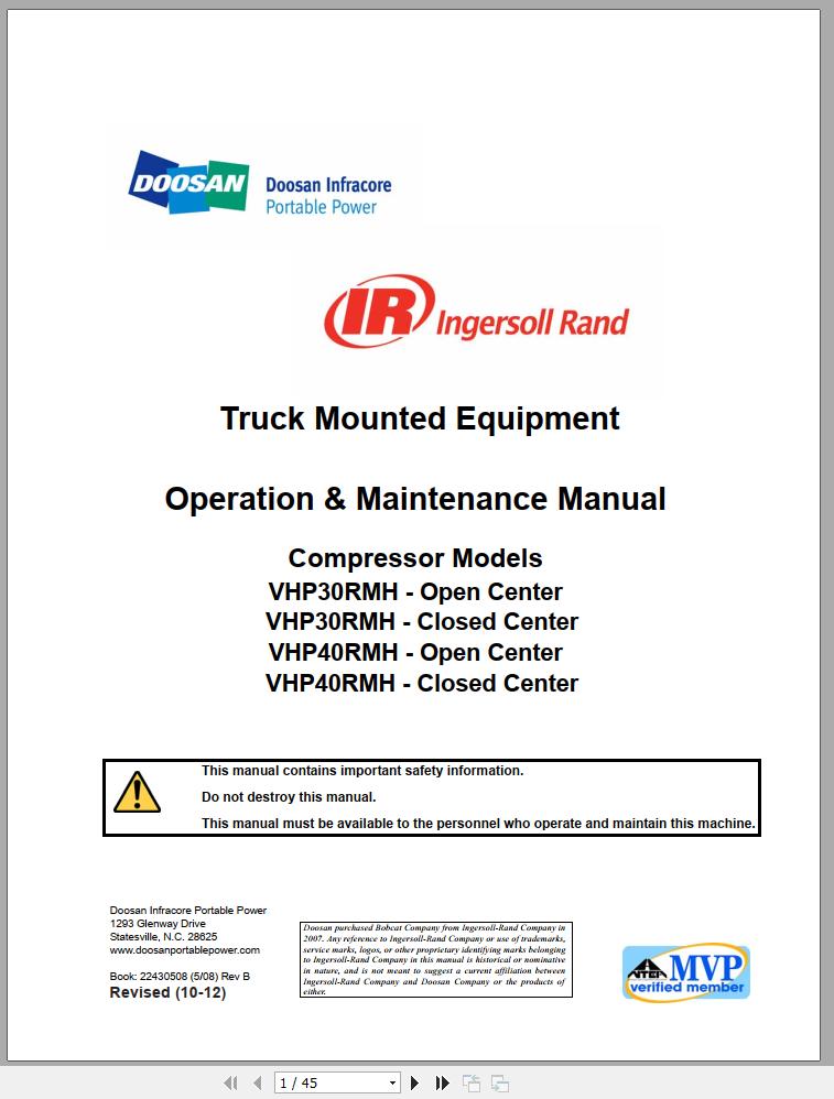 Ingersoll Rand Onboard Power VHP30RMH Operation Maintenance Manual 2012