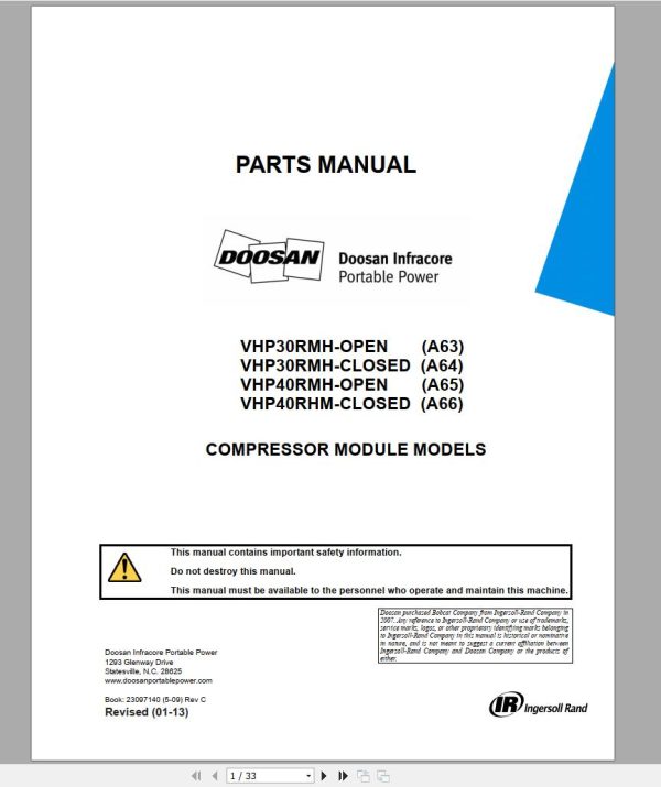 Ingersoll Rand Onboard Power VHP30RMH Parts Manual 2013 1