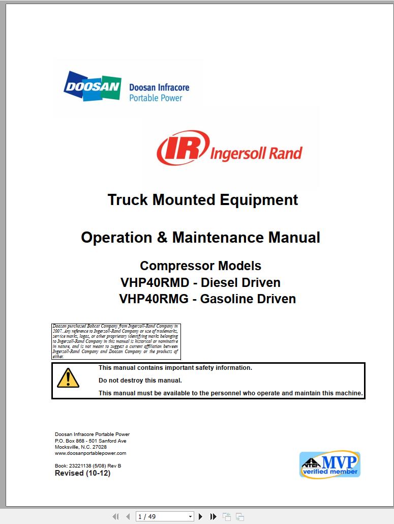Ingersoll Rand Onboard Power VHP40RMD Operation Maintenance Manual 2012