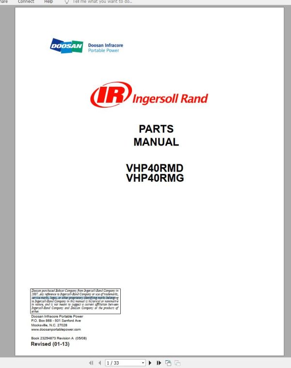 Ingersoll Rand Onboard Power VHP40RMD Parts Manual 2013