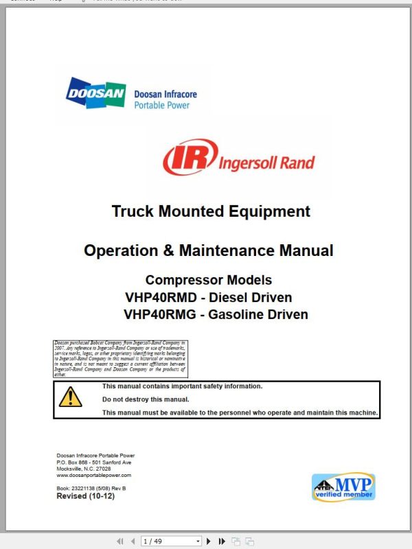 Ingersoll Rand Onboard Power VHP40RMG Operation Maintenance Manual 2012